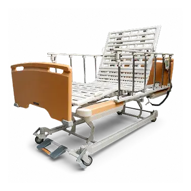 Cama clínica eléctrica de 3 motores, con cabecera y piecera de madera y barandas metálicas abatibles