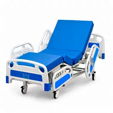 Cama clínica eléctrica de cuatro funciones, con colchón azul y barandas ABS abatibles