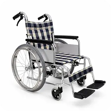 Silla de ruedas estándar de aluminio, con tapicería a cuadros y reposapiés abatibles