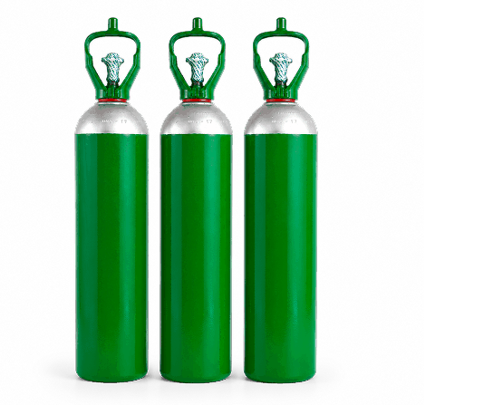 Tres balones de oxígeno medicinal de aluminio, con cuerpo verde y asa protectora sobre la válvula