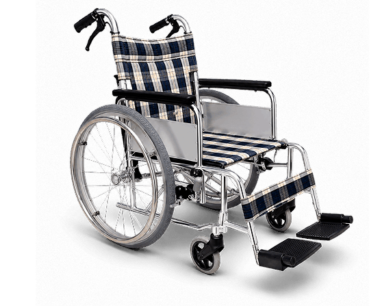 Silla de ruedas de aluminio con tapicería a cuadros azul y beige, aros de propulsión y reposapiés abatibles